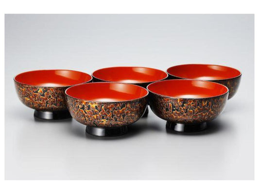 Authentic Aizu Lacquerware: Set of 5 "Kurinuki" Solid Wood Bowls with "Kinmushi" Finish