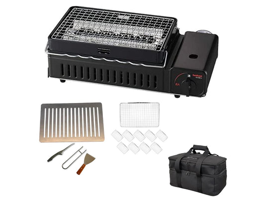 Iwatani Aburiya II Complete Grill Set – Main Unit, Carrying Bag, 10 Mesh Grates & Heavy-Duty Iron Plate with Tools (Made in Japan)